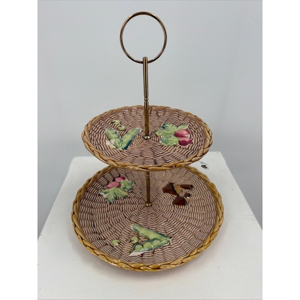 Vintage Ceramic 2-Tier Serving Tray Stand Basketweave Vegetable Motif Country